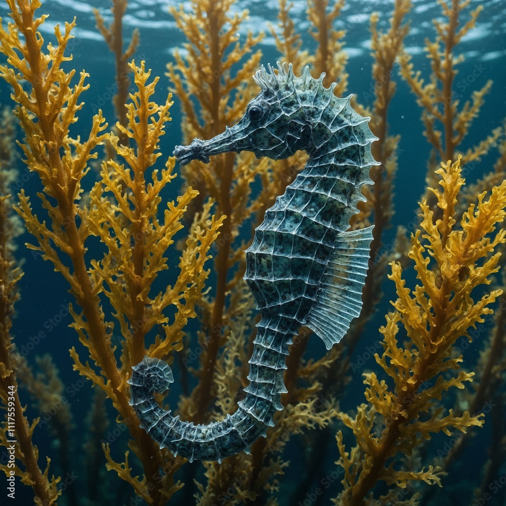Fototapeta premium A unique seahorse swimming delicately through seaweed fronds.