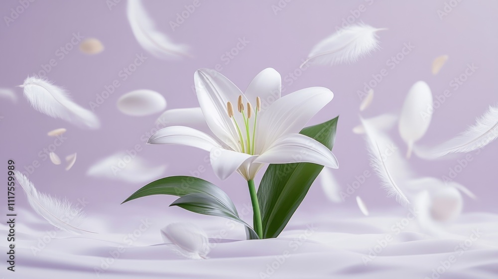 White Lily Flower Surrounded By Floating Feathers White Lily Flower Surrounded By Floating Feathers
