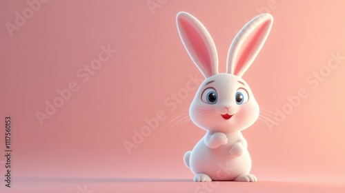 Adorable White Bunny Rabbit Sitting On Pink Background