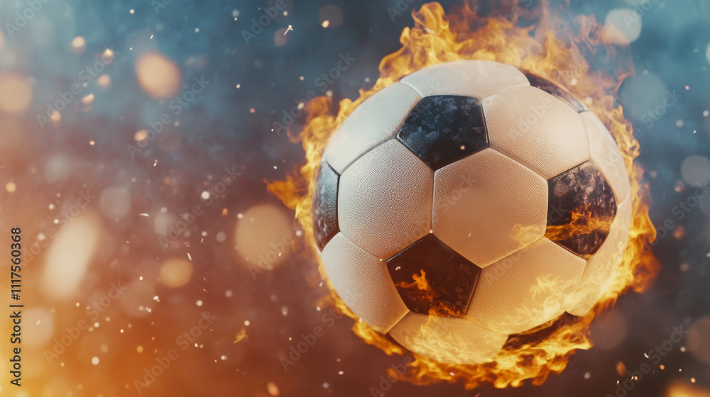 Naklejka premium soccer ball ablaze, soaring through air with flames surrounding it, creates dynamic and intense visual. fiery effect adds excitement and energy to scene