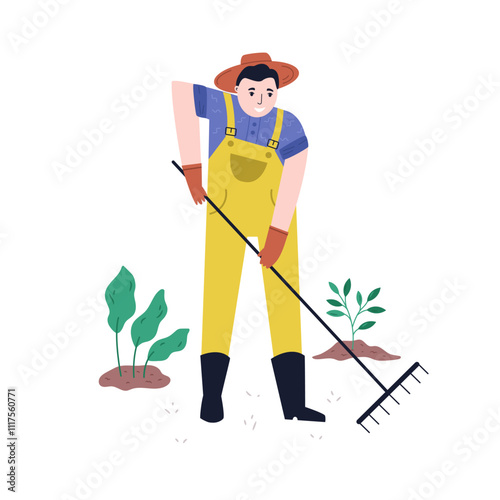 Hand-Drawn Illustration of a Man Raking in the Garden. Rustic Garden Scene