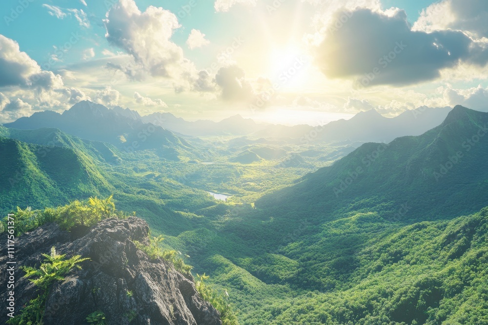 Naklejka premium A breathtaking landscape featuring lush mountains and a radiant sunrise over the valley.