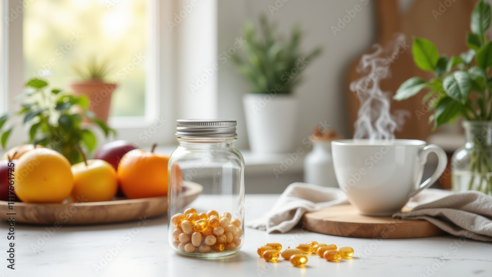 Magnesium supplement capsules on a kitchen counter with various items. Magnesium supplement capsules on a kitchen counter with various items.