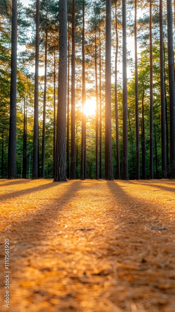 Obraz premium A serene forest scene with tall trees bathed in warm sunlight, casting long shadows on a carpet of golden pine needles.
