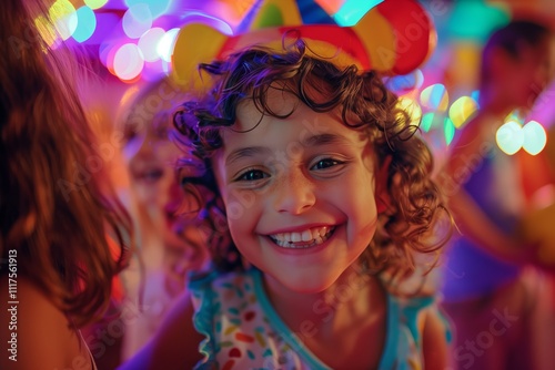 Joyful child smiling brightly amid colorful lights at a festive celebration.