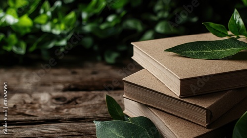 Eco friendly books stacked on rustic wooden table surrounded by greenery nature organic environment calm viewpoint photo