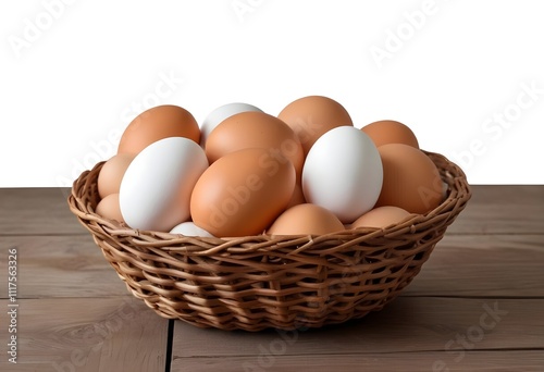 Wallpaper Mural A wicker basket filled with various brown and white chicken eggs on a wooden surface Torontodigital.ca