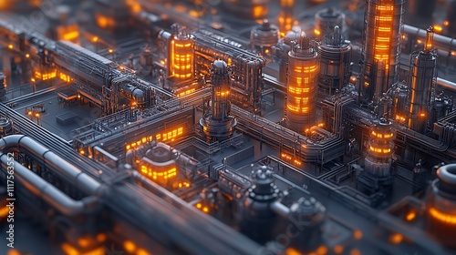 Industrial complex with orange lights urban setting digital art