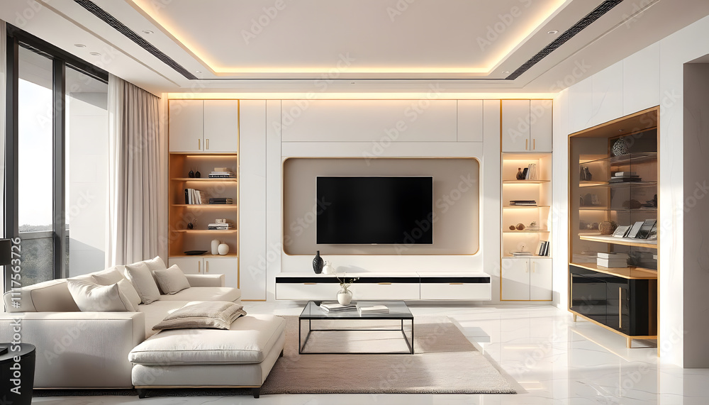 A modern living room built-in with white tv cabinet gold stanless fitting and sofa. A modern living room built-in with white tv cabinet gold stanless fitting and sofa.
