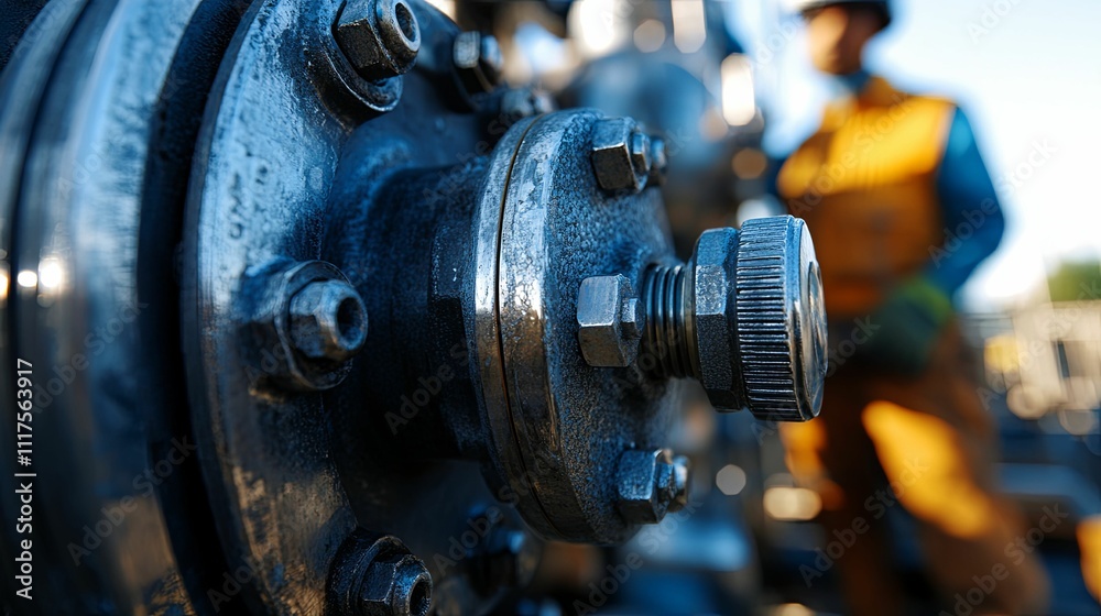 Industrial valve detail close up with worker background Industrial valve detail close up with worker background
