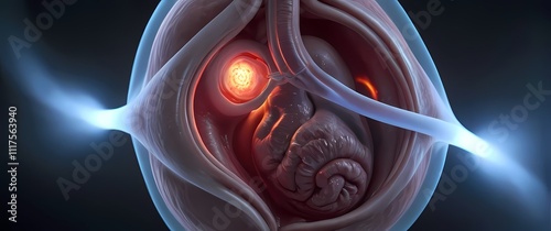 D rendering of a fetus inside the womb with detailed umbilical cord and placenta
