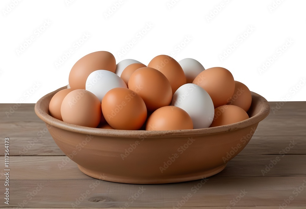 A ceramic bowl filled with various brown and white chicken eggs on a wooden surface A ceramic bowl filled with various brown and white chicken eggs on a wooden surface