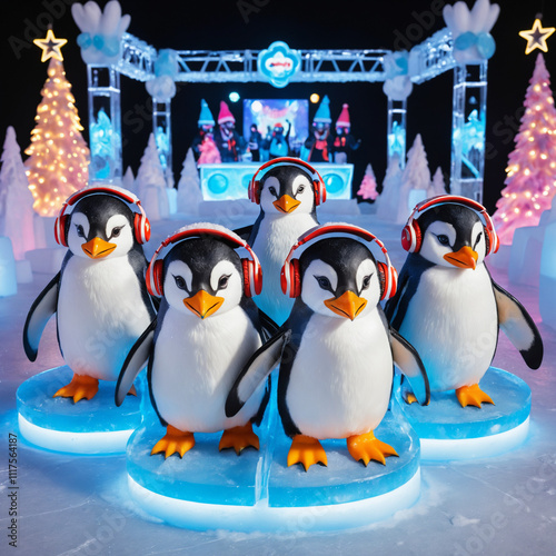 Penguins Grooving in the Snow. Penguins wearing colorful headphones and Christmas hats.  photo