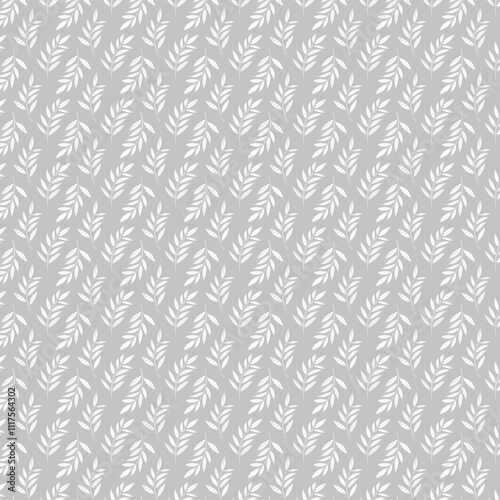 Grey Leaf Pattern Background, seamless pattern of white leaves on a grey background. The leaves are arranged in a repetitive, diagonal pattern, creating a uniform and aesthetically pleasing design