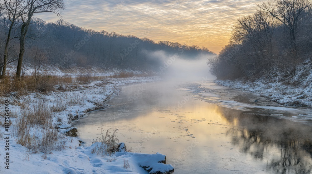 Winter River Scene at Sunrise Mist Shrouds the Banks Winter River Scene at Sunrise Mist Shrouds the Banks