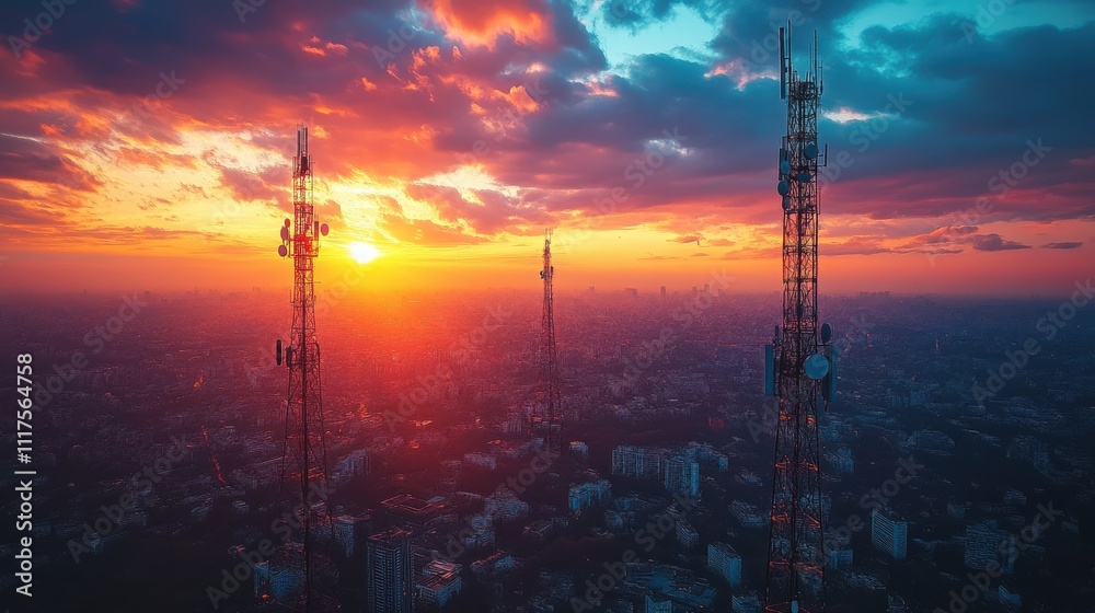 Breathtaking Sunset Over Urban Skyline with Communication Towers Silhouetted Against a Vibrant Sky Filled with Colors of Dusk and Cloud Patterns Breathtaking Sunset Over Urban Skyline with Communication Towers Silhouetted Against a Vibrant Sky Filled with Colors of Dusk and Cloud Patterns