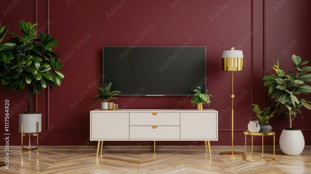 Stylish minimalist living room featuring burgundy wall, ivory TV stand, gold table lamp, minimal plants, contemporary decor, sleek home design, modern elegance Stylish minimalist living room featuring burgundy wall, ivory TV stand, gold table lamp, minimal plants, contemporary decor, sleek home design, modern elegance