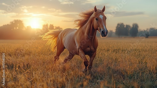 A golden horse gallops through a sunlit field, with a vibrant sunset creating a serene and picturesque countryside scene.