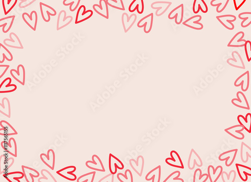Abstract horizontal minimal сute frame of multicolored outline hearts, confetti on light background, Valentine's Day frame, hand drawn illustration, copy space, flat style