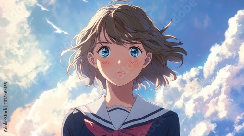 A young girl with short wavy hair, blue eyes, and a school uniform stands against a background of sky, 