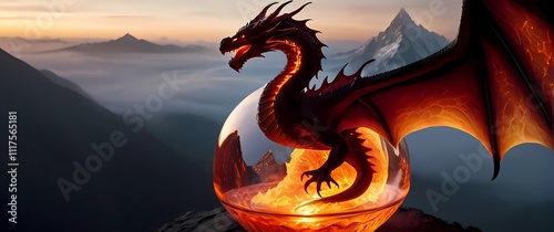 A fiery dragon circling a mountain peak contained within a dragonshaped glass bottle photo