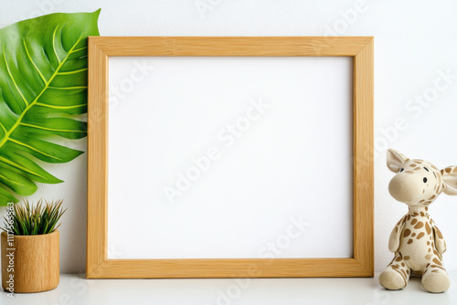 minimalist frame mockup in Scandinavian style, featuring blank space for artwork. scene includes leafy plant, cute giraffe toy, and wooden pot, creating cozy atmosphere