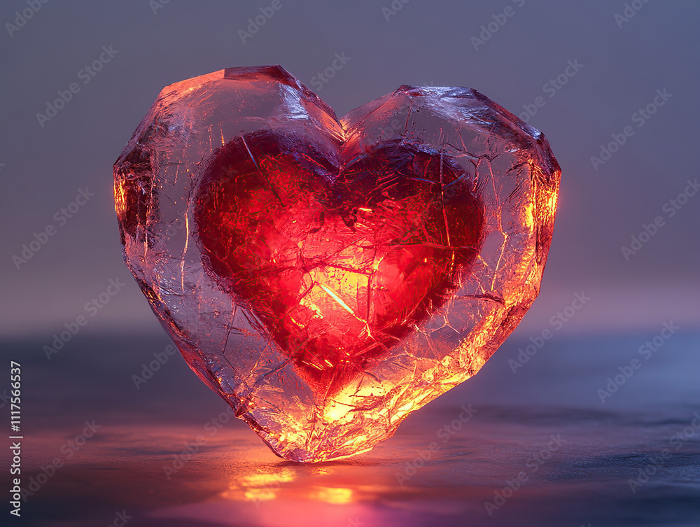 Fototapeta premium Fiery Glowing Heart Shaped Ice Sculpture