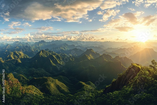 A breathtaking panoramic view of mountains at sunset, showcasing nature's beauty and tranquility.