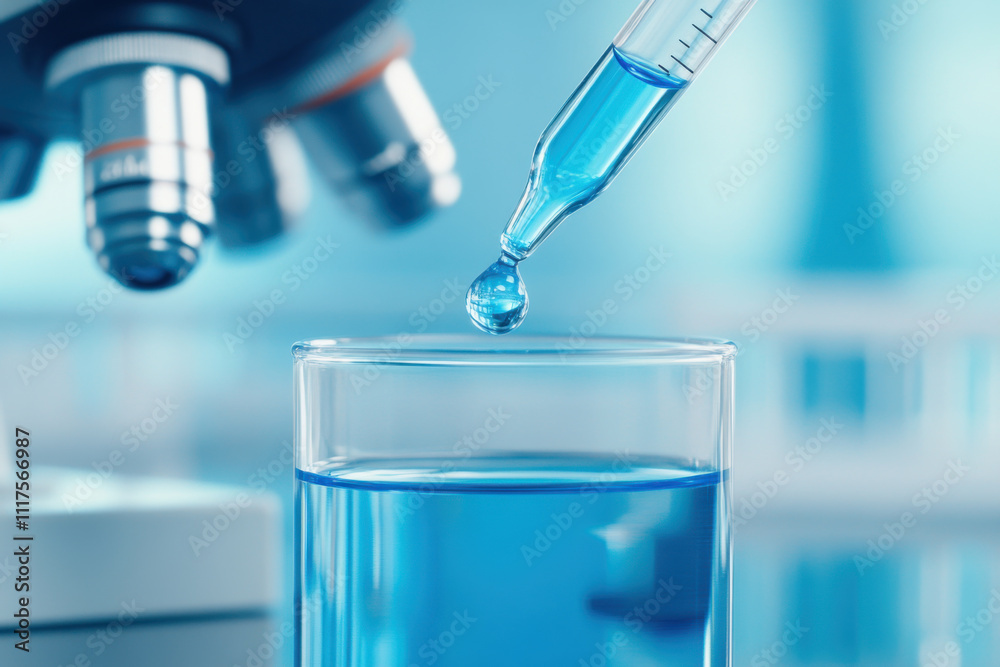 close up of pipette releasing drop of blue liquid into glass container, with microscope in background, creating scientific atmosphere close up of pipette releasing drop of blue liquid into glass container, with microscope in background, creating scientific atmosphere