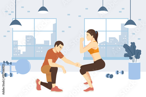 Workout personal trainer kneeling near woman and touching knee for help her doing correct squat exercise posture at gym. Coaching exercise for the correct and safety.