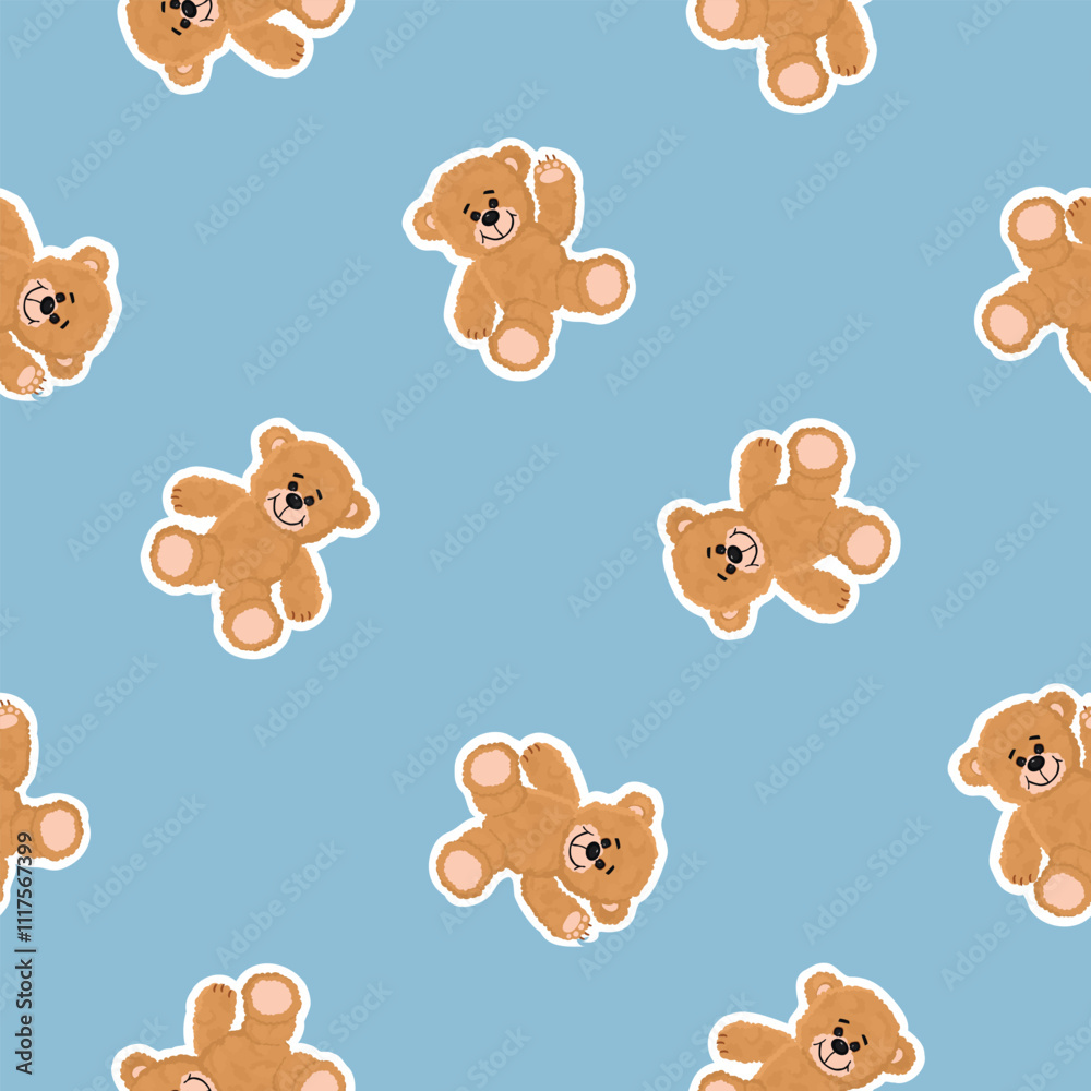 Funny seamless pattern with teddy bear.Soft toy in beige color on a blue background.Cartoon design for printing on fabric and paper.Endless wallpaper,textile,package,cover.Vector flat illustration. Funny seamless pattern with teddy bear.Soft toy in beige color on a blue background.Cartoon design for printing on fabric and paper.Endless wallpaper,textile,package,cover.Vector flat illustration.