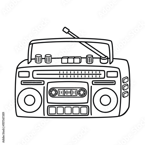 Vintage boombox radio cassette player drawn with black line.Retro musical electronic device from the 90s and 80s.Vector graphic icon isolated on white background.Coloring page.Outline 3D illustration.