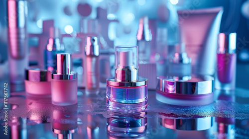 A collection of futuristic skincare products displayed with neon lighting and reflective surfaces, cosmetic packaging for rejuvenation for dermatology of feminine, lotion or cream.