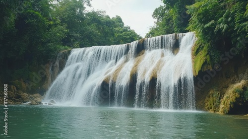 Serene Waterfall Cascading Down Lush Green Cliffs