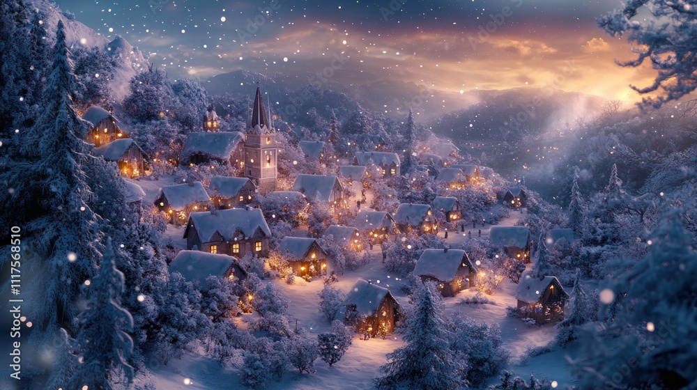 A Snow Covered Village Glows With Warm Lights At Dusk