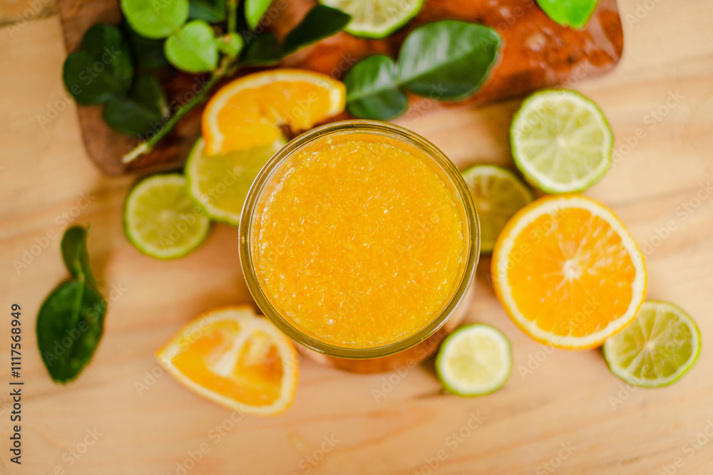 A glass of freshly squeezed orange juice on a wooden table surrounded by orange slices and orange leaves A glass of freshly squeezed orange juice on a wooden table surrounded by orange slices and orange leaves