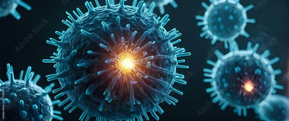 Fototapeta premium Closeup of influenza virus particles attacking a respiratory cell