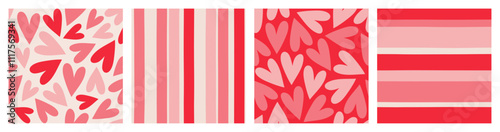 Set of abstract seamless cute patterns of multicolored hearts on red and light background, vertical and horizontal stripes, Valentine's Day backgrounds, hand drawn illustration, flat style