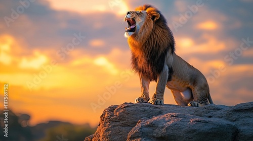 Majestic lion roaring on a rocky ledge, symbolizing power, dominance, and natural beauty, ideal for wildlife conservation, adventure marketing, and strength-themed content. . photo