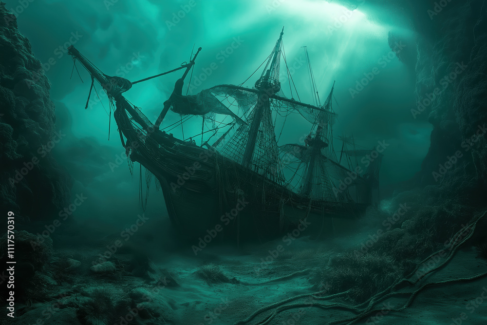 Sunken pirate ship surrounded by eerie underwater landscape Sunken pirate ship surrounded by eerie underwater landscape