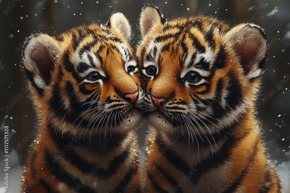 Naklejka premium Two playful tiger cubs nuzzle each other in a snowy forest setting.