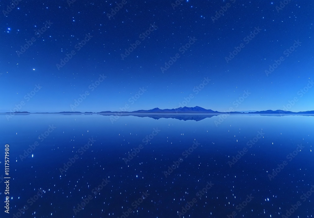 Fototapeta premium A serene night scene with a tranquil sea level and a stunning starry sky, set against a minimalist background with plenty of white space for a peaceful atmosphere.