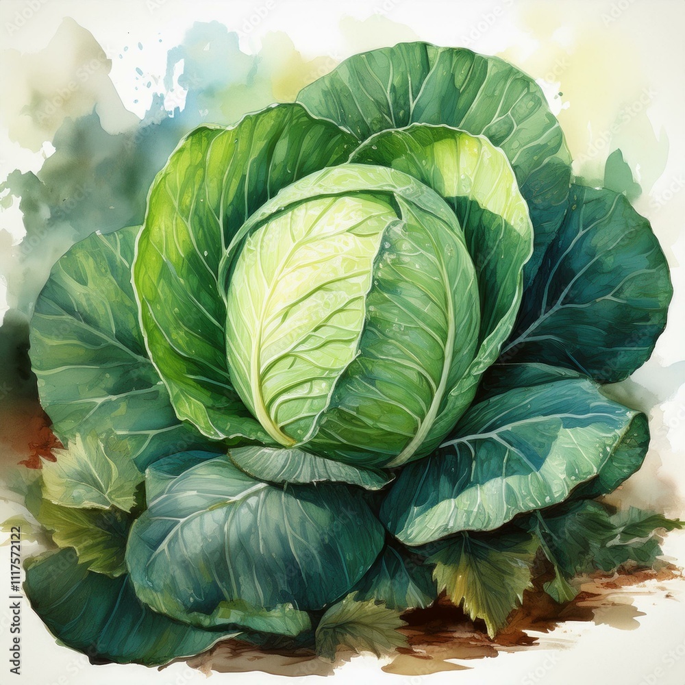 Obraz premium This vibrant watercolor painting of fresh cabbage is perfect for food blogs, packaging designs, and ecobranding