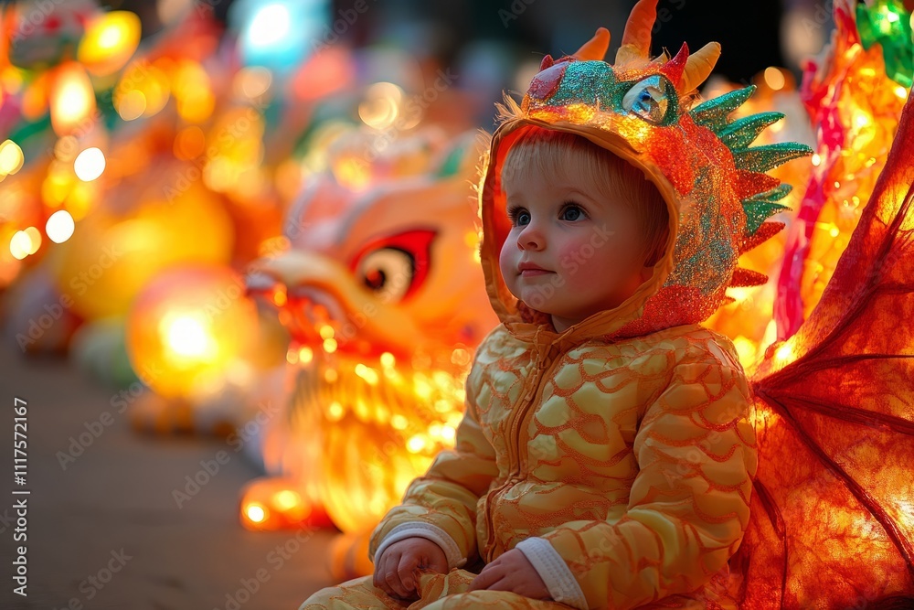 Toddler in a sparkling dragon costume surrounded by glowing decorations. Toddler in a sparkling dragon costume surrounded by glowing decorations.
