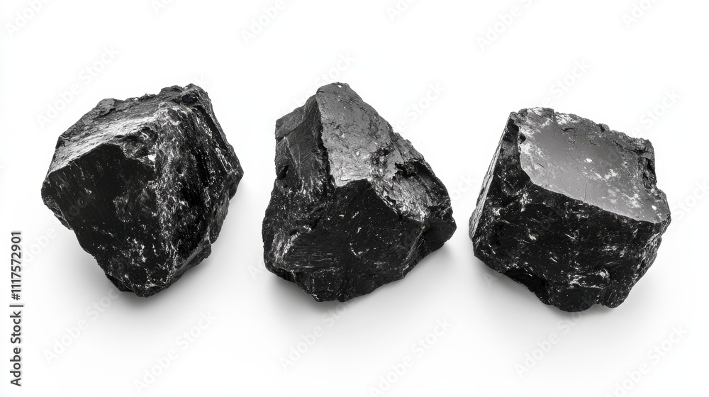 Three Rough Black Mineral Specimens on White Background. Three Rough Black Mineral Specimens on White Background.