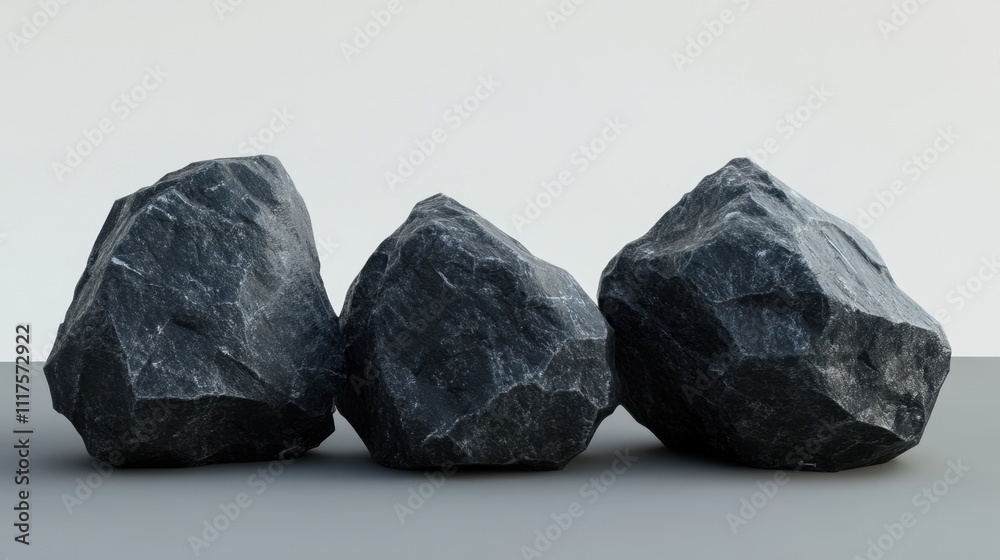 Three dark grey rocks arranged in a row against a light grey background. Three dark grey rocks arranged in a row against a light grey background.