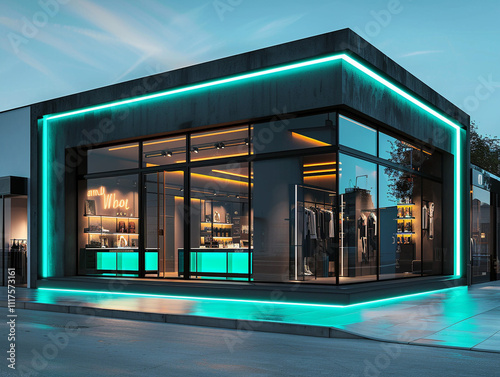 Contemporary boutique with a charcoal exterior and neon teal highlights. The bright lighting adds a vibrant touch to the sleek, high-definition urban backdrop
