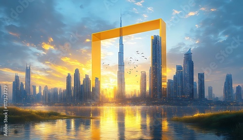 Golden Gate to Dubai Skyline Sunrise. photo