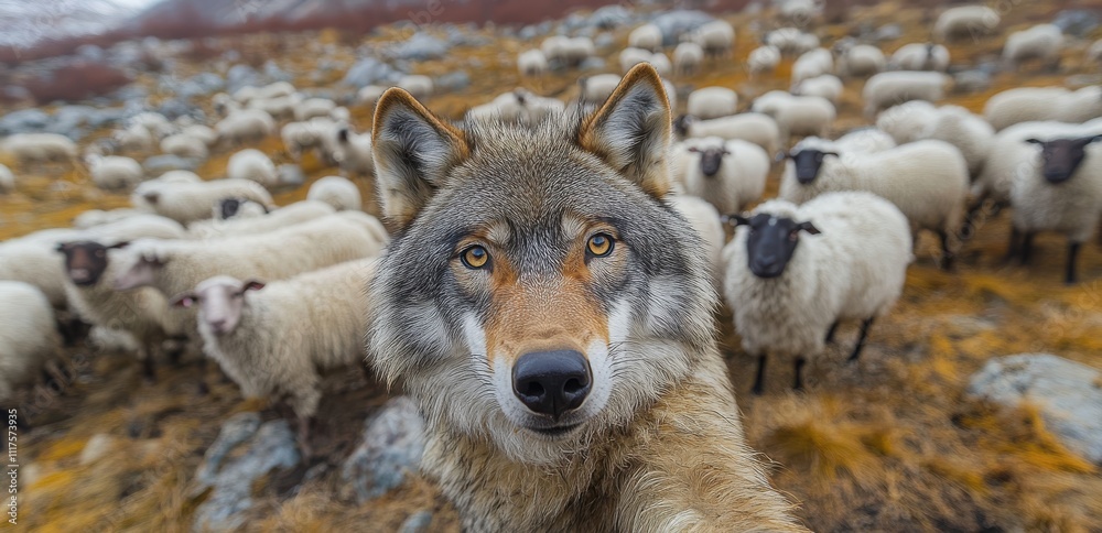Obraz premium A wolf taking a selfie among a flock of sheep, symbolizing duplicity, deceit, and the situation where an enemy pretends to be a friend. The scene is filled with irony and allegory