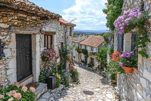 Vibrant, colorful Spanish village street, sunny day. photo